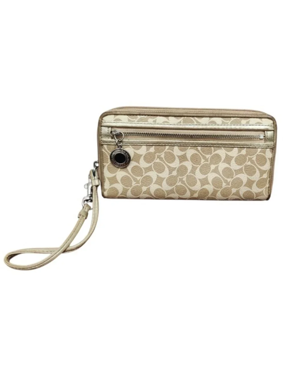 Vintage Coach Signature Zip Around Wristlet Wallet Beige Gold Monogram Clutch